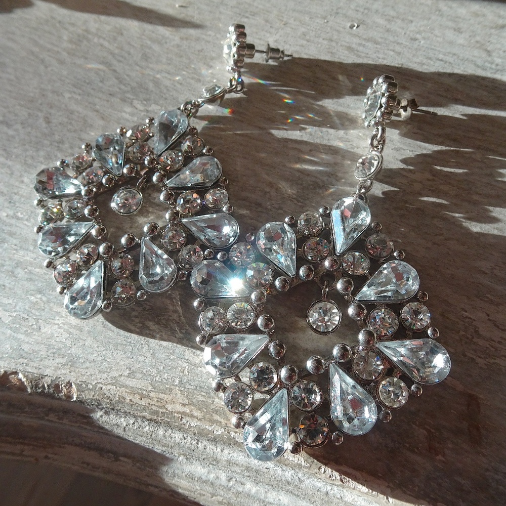 Big Clear & Pale Silvery Blue Jewel Glitzy Glam Pageant Post Statement Earrings